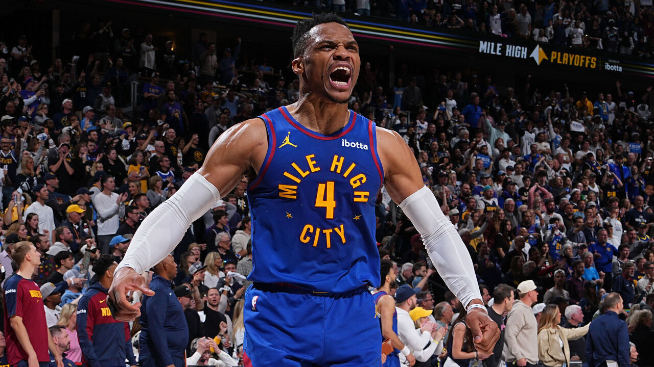 DENVER, CO - APRIL 19: Russell Westbrook #4 of the Denver Nuggets celebrates during the game against the LA Clippers during Round One Game One of the 2025 NBA Playoffs on April 19, 2025 at Ball Arena in Denver, Colorado. NOTE TO USER: User expressly acknowledges and agrees that, by downloading and/or using this Photograph, user is consenting to the terms and conditions of the Getty Images License Agreement. Mandatory Copyright Notice: Copyright 2025 NBAE