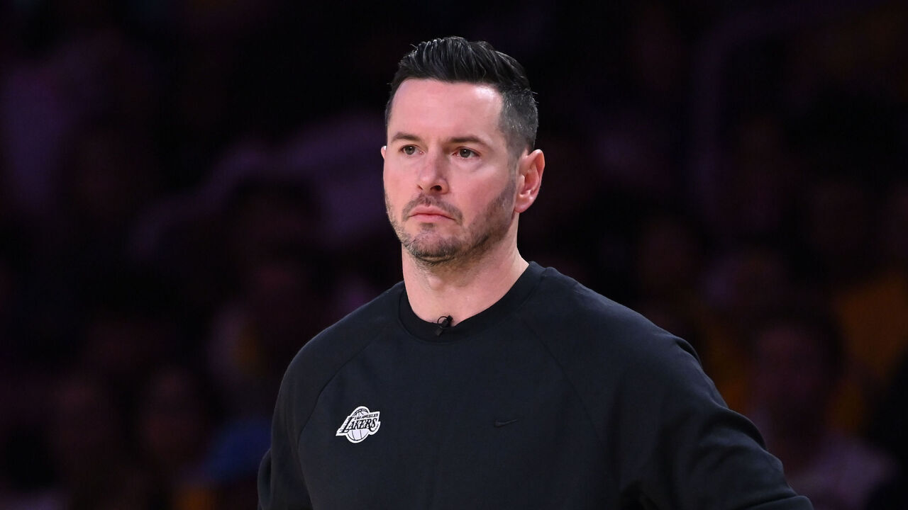 LOS ANGELES, CA - APRIL 19: Head Coach JJ Redick of the Los Angeles Lakers looks on during Round 1, Game 1 of the 2025 NBA Playoffs against the Minnesota Timberwolves on April 19, 2025 at Crypto.Com Arena in Los Angeles, California. NOTE TO USER: User expressly acknowledges and agrees that, by downloading and/or using this Photograph, user is consenting to the terms and conditions of the Getty Images License Agreement. Mandatory Copyright Notice: Copyright 2025 NBAE