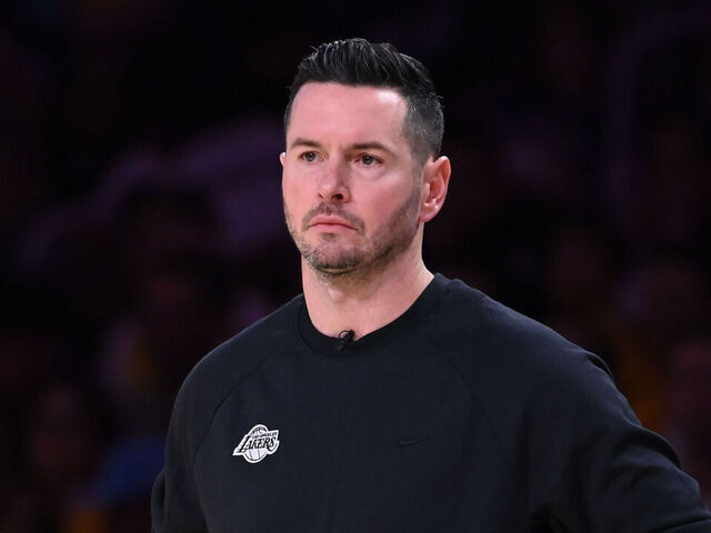 LOS ANGELES, CA - APRIL 19: Head Coach JJ Redick of the Los Angeles Lakers looks on during Round 1, Game 1 of the 2025 NBA Playoffs against the Minnesota Timberwolves on April 19, 2025 at Crypto.Com Arena in Los Angeles, California. NOTE TO USER: User expressly acknowledges and agrees that, by downloading and/or using this Photograph, user is consenting to the terms and conditions of the Getty Images License Agreement. Mandatory Copyright Notice: Copyright 2025 NBAE