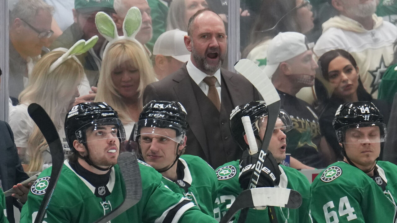 DALLAS, TX - APRIL 19: Pete DeBoer watches the action from behind the bench against the Colorado Avalanche in the second period of Game One of the First Round of the 2025 Stanley Cup Playoffs at the American Airlines Center on April 19, 2025 in Dallas, Texas.