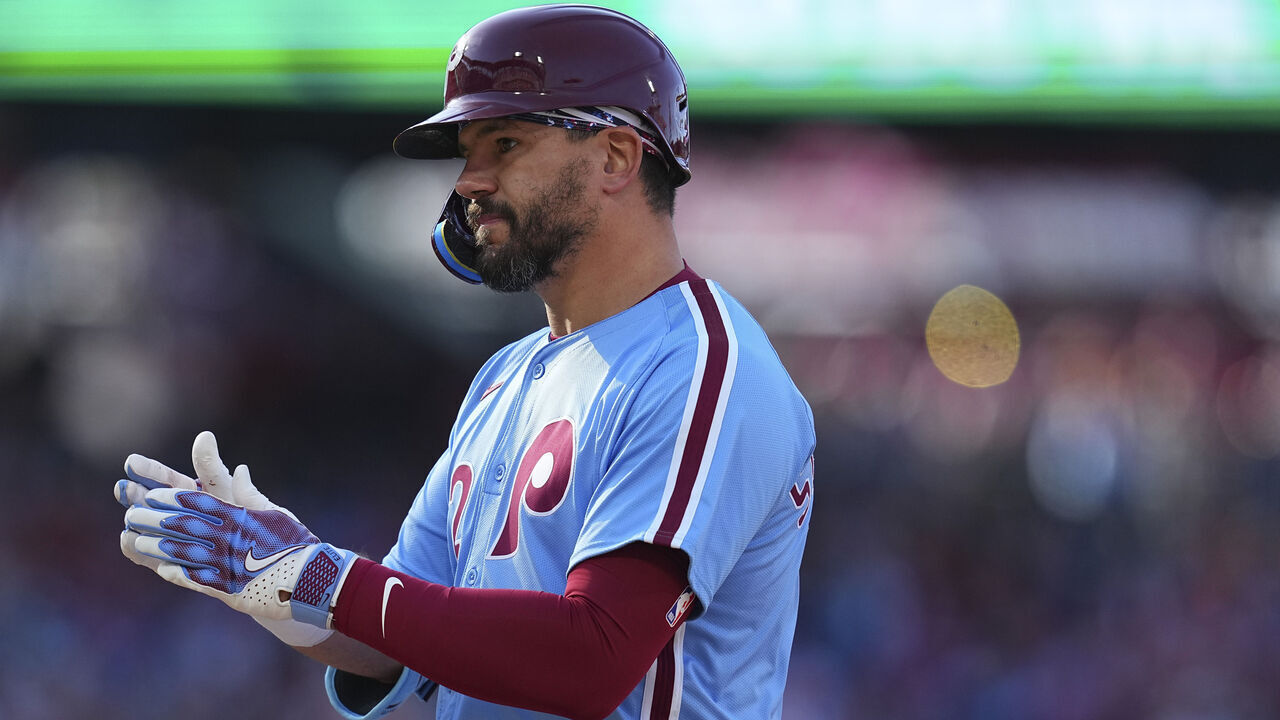 PHILADELPHIA, PENNSYLVANIA - APRIL 17: Kyle Schwarber #12 of the Philadelphia Phillies reacts against the San Francisco Giants at Citizens Bank Park on April 17, 2025 in Philadelphia, Pennsylvania. The Phillies defeated the Giants 6-4.