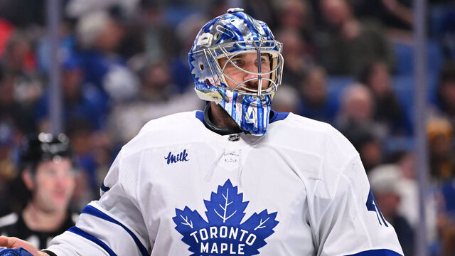 BUFFALO, NEW YORK - APRIL 15: Anthony Stolarz #41 of the Toronto Maple Leafs tends goal against the Buffalo Sabres during an NHL game at KeyBank Center on April 15, 2025 in Buffalo, New York. Toronto won, 4-0.