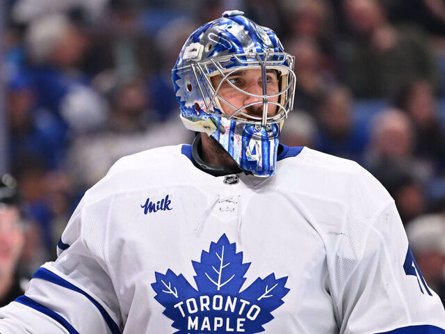 BUFFALO, NEW YORK - APRIL 15: Anthony Stolarz #41 of the Toronto Maple Leafs tends goal against the Buffalo Sabres during an NHL game at KeyBank Center on April 15, 2025 in Buffalo, New York. Toronto won, 4-0.