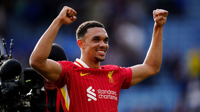 Liverpool's Trent Alexander-Arnold celebrates at the final whistle after the Premier League match at the King Power Stadium, Leicester. Picture date: Sunday April 20, 2025.