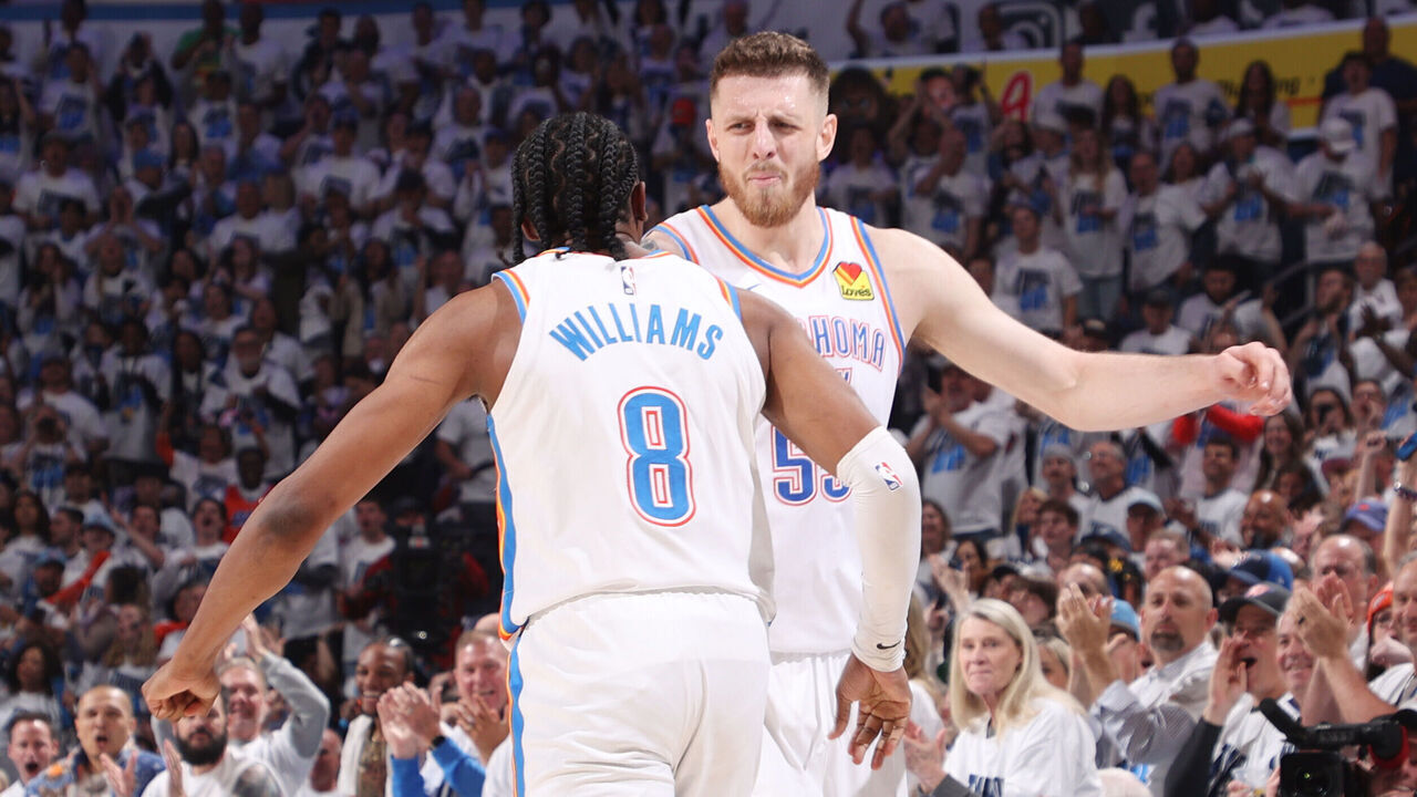 OKLAHOMA CITY, OK - APRIL 20: Jalen Williams #8 and Isaiah Hartenstein #55 of the Oklahoma City Thunder celebrate during the game against the Memphis Grizzlies during Round 1 Game 1 of the 2025 NBA Playoffs on April 20, 2025 at Paycom Center in Oklahoma City, Oklahoma. Mandatory Copyright Notice: Copyright 2025 NBAE
