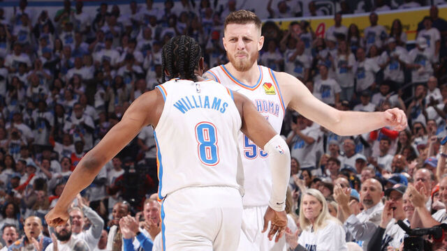 OKLAHOMA CITY, OK - APRIL 20: Jalen Williams #8 and Isaiah Hartenstein #55 of the Oklahoma City Thunder celebrate during the game against the Memphis Grizzlies during Round 1 Game 1 of the 2025 NBA Playoffs on April 20, 2025 at Paycom Center in Oklahoma City, Oklahoma. Mandatory Copyright Notice: Copyright 2025 NBAE