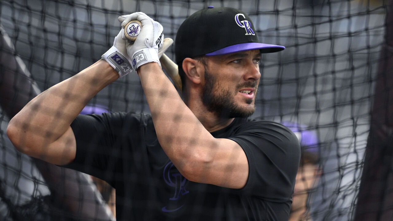 SAN DIEGO, CALIFORNIA - APRIL 11: Kris Bryant #23 of the Colorado Rockies bats during batting practice before the game against the San Diego Padres at Petco Park on April 11, 2025 in San Diego, California.