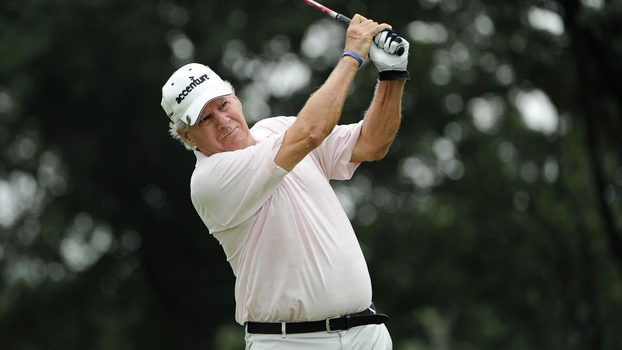 ENDICOTT, NY - AUGUST 17: Jay Sigel tees off on the second hole during the first round of the Dick’s Sporting Goods Open at En-Joie Golf Course on August 17, 2012 in Endicott, New York.