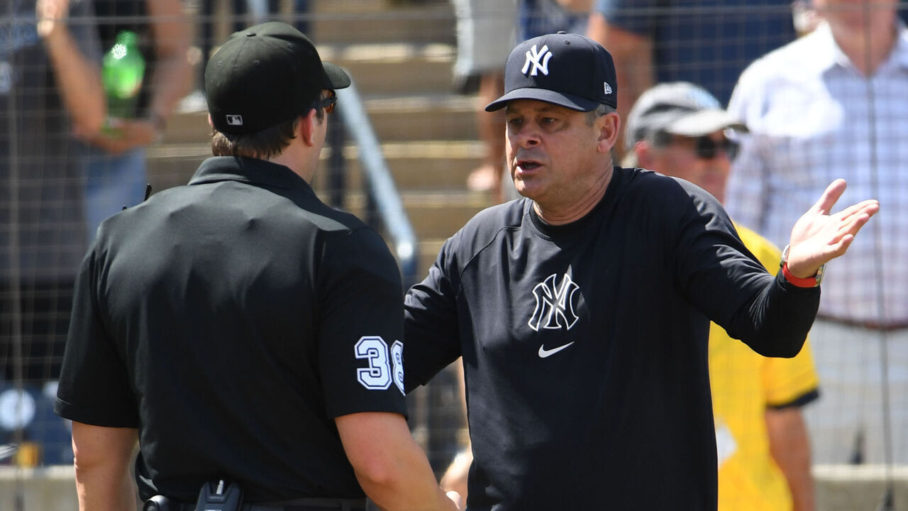 TAMPA, FLORIDA - APRIL 20: Manager Aaron Boone of the New York Yankees argues with the umpire after Aaron Judge #99 New York Yankees is called out looking during the eighth inning against the Tampa Bay Rays at George M. Steinbrenner Field on April 20, 2025 in Tampa, Florida.