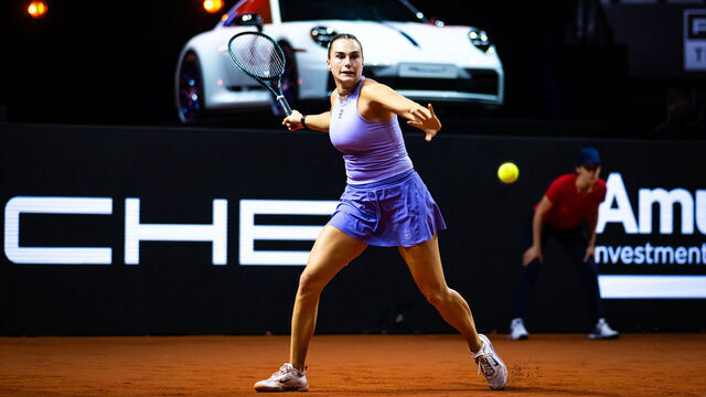 STUTTGART, GERMANY - APRIL 20: Aryna Sabalenka in action against Jasmine Paolini of Italy in the semi-final on Day 6 of the Porsche Tennis Grand Prix at Porsche Arena on April 20, 2025 in Stuttgart, Germany
