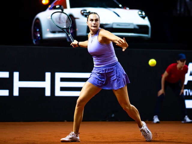 STUTTGART, GERMANY - APRIL 20: Aryna Sabalenka in action against Jasmine Paolini of Italy in the semi-final on Day 6 of the Porsche Tennis Grand Prix at Porsche Arena on April 20, 2025 in Stuttgart, Germany