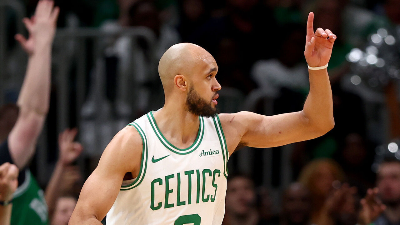 BOSTON, MASSACHUSETTS - APRIL 20: Derrick White #9 of the Boston Celtics celebrates in Game One of the Eastern Conference First Round NBA Playoffs against the Orlando Magic at TD Garden on April 20, 2025 in Boston, Massachusetts.