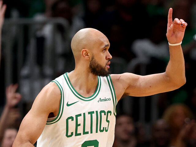 BOSTON, MASSACHUSETTS - APRIL 20: Derrick White #9 of the Boston Celtics celebrates in Game One of the Eastern Conference First Round NBA Playoffs against the Orlando Magic at TD Garden on April 20, 2025 in Boston, Massachusetts.