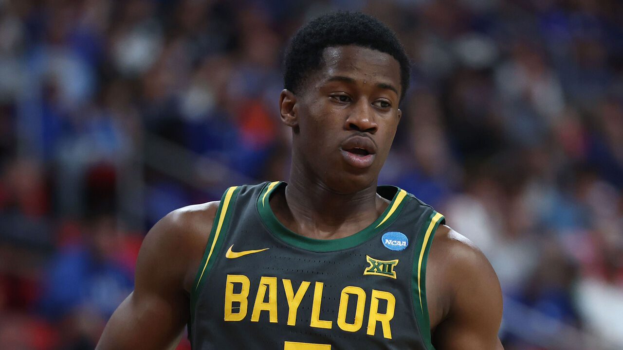 RALEIGH, NORTH CAROLINA - MARCH 23: VJ Edgecombe #7 of the Baylor Bears runs the court in the second round of the NCAA Men's Basketball Tournament against the Duke Blue Devils at Lenovo Center on March 23, 2025 in Raleigh, North Carolina.