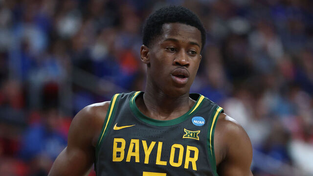 RALEIGH, NORTH CAROLINA - MARCH 23: VJ Edgecombe #7 of the Baylor Bears runs the court in the second round of the NCAA Men's Basketball Tournament against the Duke Blue Devils at Lenovo Center on March 23, 2025 in Raleigh, North Carolina.