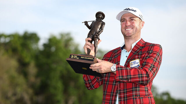 HILTON HEAD ISLAND, SOUTH CAROLINA - APRIL 20: Justin Thomas of the United States poses with the trophy after winning the final round of the RBC Heritage 2025 at Harbour Town Golf Links on April 20, 2025 in Hilton Head Island, South Carolina.