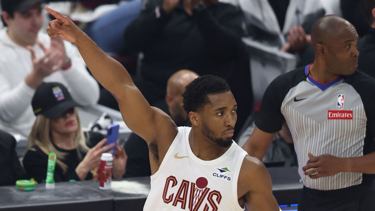 CLEVELAND, OH - APRIL 20: Donovan Mitchell #45 of the Cleveland Cavaliers looks on during the game against the Miami Heat during Round 1 Game 1 of the 2025 NBA Playoffs on April 20, 2025 at Rocket Mortgage FieldHouse in Cleveland, Ohio. NOTE TO USER: User expressly acknowledges and agrees that, by downloading and/or using this Photograph, user is consenting to the terms and conditions of the Getty Images License Agreement. Mandatory Copyright Notice: Copyright 2025 NBAE