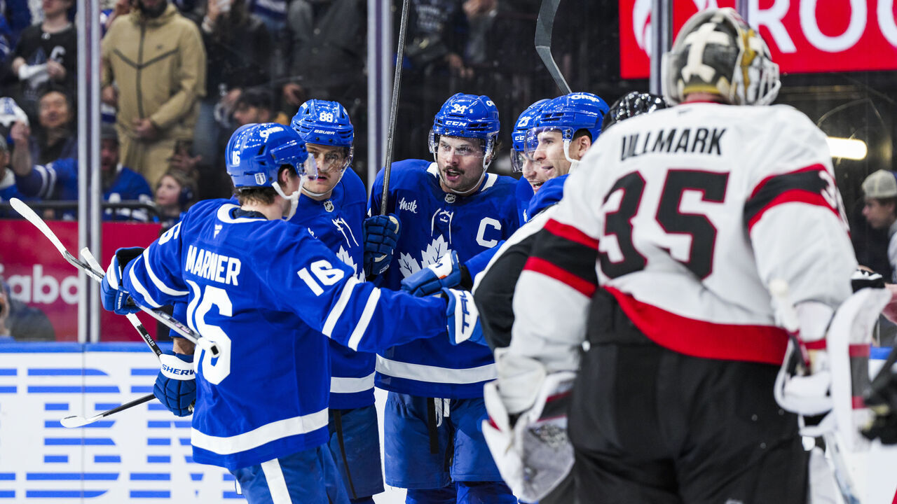 TORONTO, ON - APRIL 20: Matthew Knies #23 is congratulated by John Tavares #91, Auston Matthews #34, William Nylander #88 and Mitch Marner #16 of the Toronto Maple Leafs during the third period of Game One of the First Round of the 2025 Stanley Cup Playoffs against the Ottawa Senators at the Scotiabank Arena on April 20, 2025 in Toronto, Ontario, Canada.