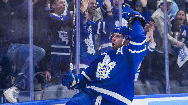 TORONTO, ON - APRIL 20: John Tavares #91 of the Toronto Maple Leafs celebrates scoring a goal during the second period of Game One of the First Round of the 2025 Stanley Cup Playoffs against the Ottawa Senators at the Scotiabank Arena on April 20, 2025 in Toronto, Ontario, Canada.