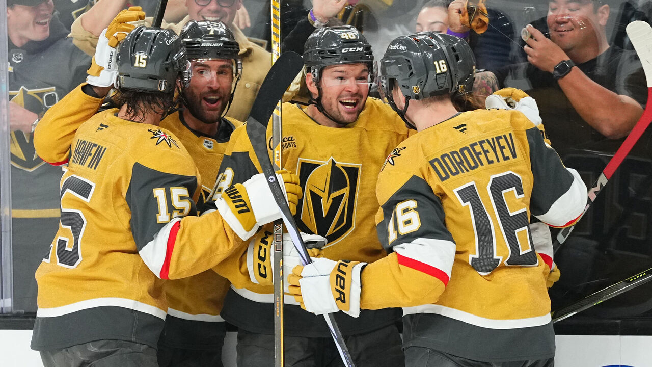 LAS VEGAS, NEVADA - APRIL 20: Tomas Hertl #48 of the Vegas Golden Knights celebrates with teammates after a goal during the first period of Game One of the First Round of the 2025 Stanley Cup Playoffs against the Minnesota Wild at T-Mobile Arena on April 20, 2025 in Las Vegas, Nevada.