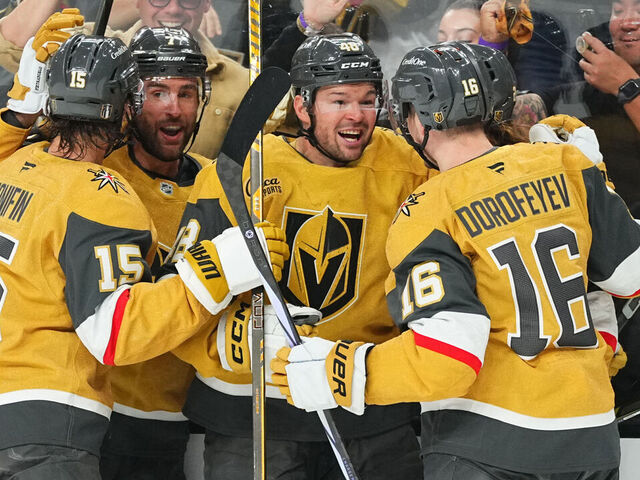 LAS VEGAS, NEVADA - APRIL 20: Tomas Hertl #48 of the Vegas Golden Knights celebrates with teammates after a goal during the first period of Game One of the First Round of the 2025 Stanley Cup Playoffs against the Minnesota Wild at T-Mobile Arena on April 20, 2025 in Las Vegas, Nevada.