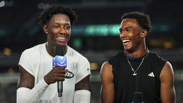 EAST RUTHERFORD, NJ - SEPTEMBER 19: Sauce Gardner #1 of the New York Jets and New York Jets wide receiver Garrett Wilson (5) visit on set of the TNF on Prime postgame show after an NFL football game between the New England Patriots and the New York Jets at MetLife Stadium on September 19, 2024 in East Rutherford, New Jersey.