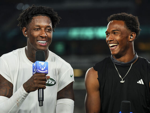 EAST RUTHERFORD, NJ - SEPTEMBER 19: Sauce Gardner #1 of the New York Jets and New York Jets wide receiver Garrett Wilson (5) visit on set of the TNF on Prime postgame show after an NFL football game between the New England Patriots and the New York Jets at MetLife Stadium on September 19, 2024 in East Rutherford, New Jersey.