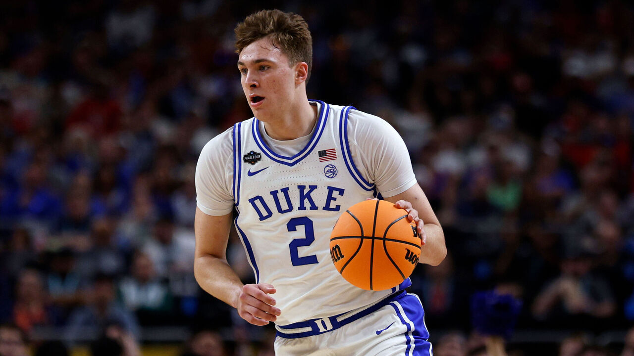 SAN ANTONIO, TEXAS - APRIL 5: Cooper Flagg #2 of the Duke Blue Devils dribbles up court against the Houston Cougars in the first half during the Final Four round of the men's NCAA basketball tournament at Alamodome on April 5, 2025 in San Antonio, Texas.