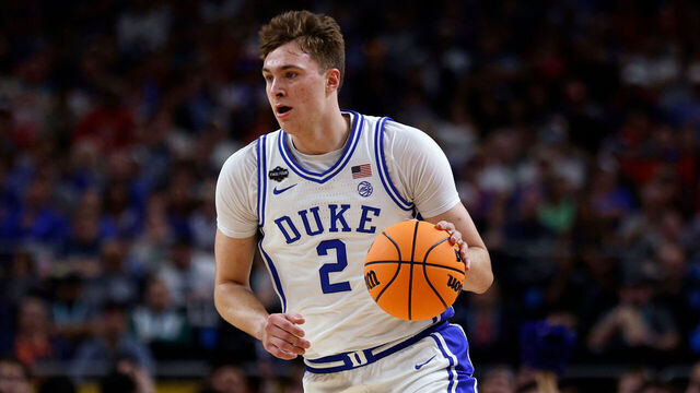 SAN ANTONIO, TEXAS - APRIL 5: Cooper Flagg #2 of the Duke Blue Devils dribbles up court against the Houston Cougars in the first half during the Final Four round of the men's NCAA basketball tournament at Alamodome on April 5, 2025 in San Antonio, Texas.