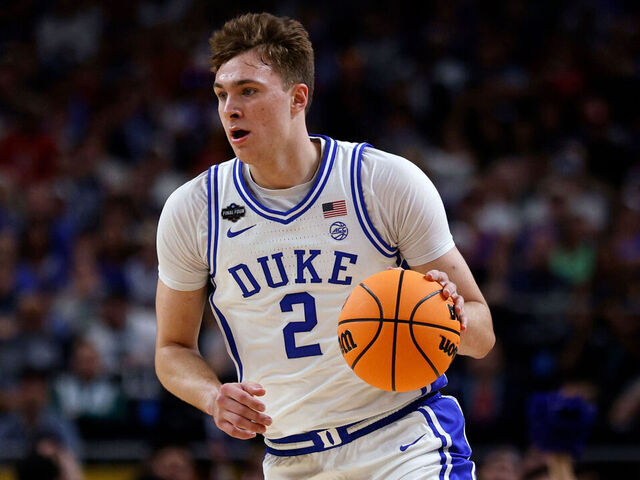 SAN ANTONIO, TEXAS - APRIL 5: Cooper Flagg #2 of the Duke Blue Devils dribbles up court against the Houston Cougars in the first half during the Final Four round of the men's NCAA basketball tournament at Alamodome on April 5, 2025 in San Antonio, Texas.