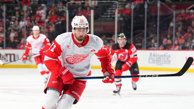 NEWARK, NJ - APRIL 16: Dylan Larkin #71 of the Detroit Red Wings skates in the second period of the game against the New Jersey Devils at Prudential Center on April 16, 2025 in Newark, New Jersey.