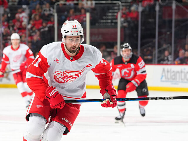 NEWARK, NJ - APRIL 16: Dylan Larkin #71 of the Detroit Red Wings skates in the second period of the game against the New Jersey Devils at Prudential Center on April 16, 2025 in Newark, New Jersey.