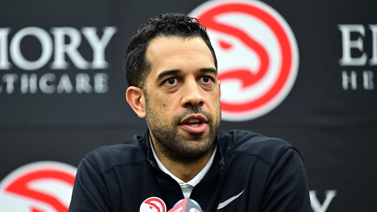 ATLANTA, GA - JUNE 28: General Manager Landry Fields of the Atlanta Hawks talks to the media during a press conference on June 28, 2024 at Emory Sports and Medical Complex in Atlanta, Georgia. NOTE TO USER: User expressly acknowledges and agrees that, by downloading and or using this photograph, user is consenting to the terms and conditions of Getty Images License Agreement. Mandatory Copyright Notice: Copyright 2024 NBAE