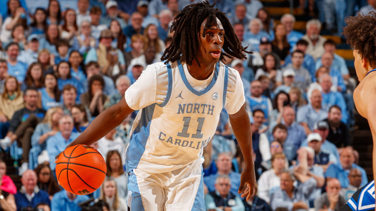 CHAPEL HILL, NC - MARCH 08: Ian Jackson #11 of the North Carolina Tar Heels dribbles the ball during a game against the Duke Blue Devils at the Dean Smith Center on March 08, 2025 in Chapel Hill, North Carolina. Duke won 69-82.