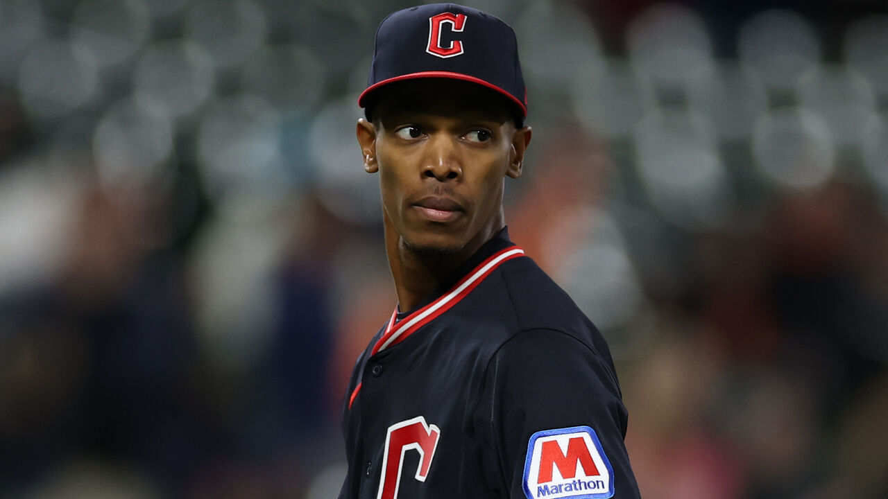 BALTIMORE, MARYLAND - APRIL 16: Triston McKenzie #24 of the Cleveland Guardians looks on against the Baltimore Orioles at Oriole Park at Camden Yards on April 16, 2025 in Baltimore, Maryland.