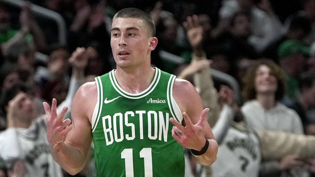 Boston, MA - April 4: Boston Celtics PG Payton Pritchard celebrates hitting a 3-pointer in the second quarter.