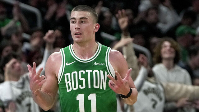 Boston, MA - April 4: Boston Celtics PG Payton Pritchard celebrates hitting a 3-pointer in the second quarter.