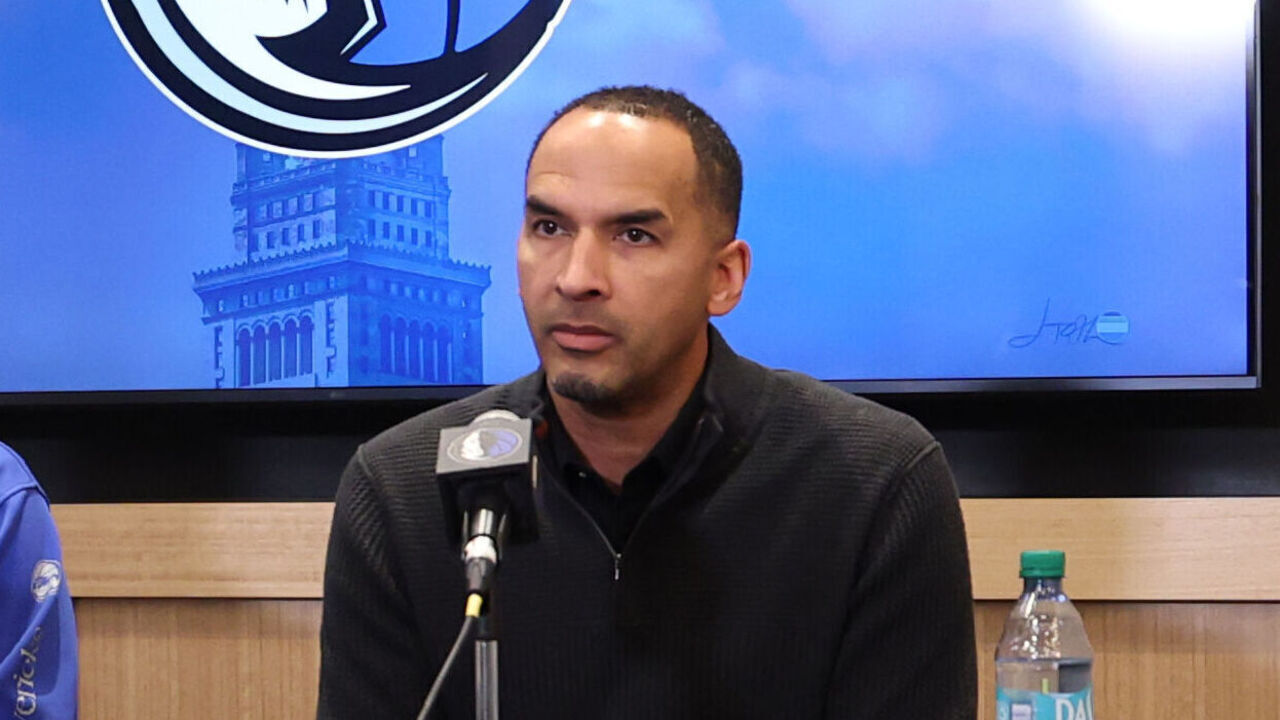 CLEVELAND, OH - FEBUARY 2: Head Coach Jason Kidd of the Dallas Mavericks and Nico Harrison talk to the media before the game against the Cleveland Cavaliers on February 2, 2025 at Rocket Mortgage FieldHouse in Cleveland, Ohio. NOTE TO USER: User expressly acknowledges and agrees that, by downloading and/or using this Photograph, user is consenting to the terms and conditions of the Getty Images License Agreement. Mandatory Copyright Notice: Copyright 2025 NBAE