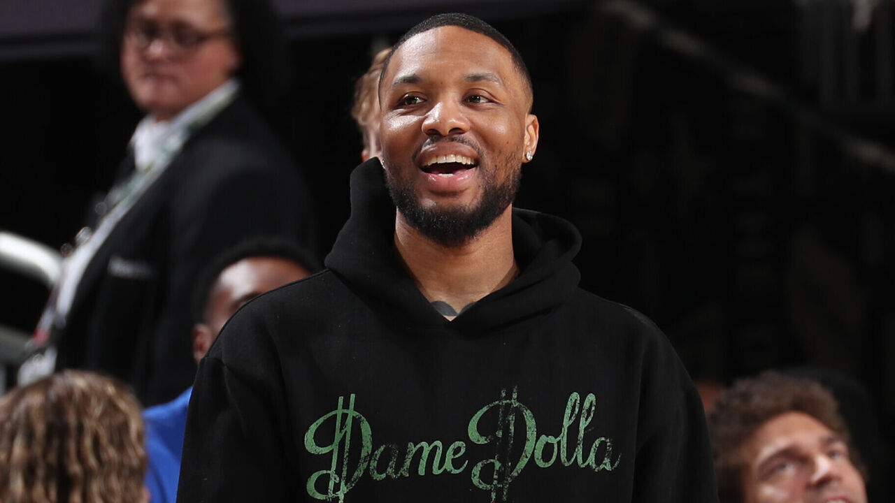 MILWAUKEE, WI - APRIL 13: Damian Lillard #0 of the Milwaukee Bucks smiles during the game against the Detroit Pistons on April 13, 2025 at Fiserv Forum Center in Milwaukee, Wisconsin. Mandatory Copyright Notice: Copyright 2025 NBAE .