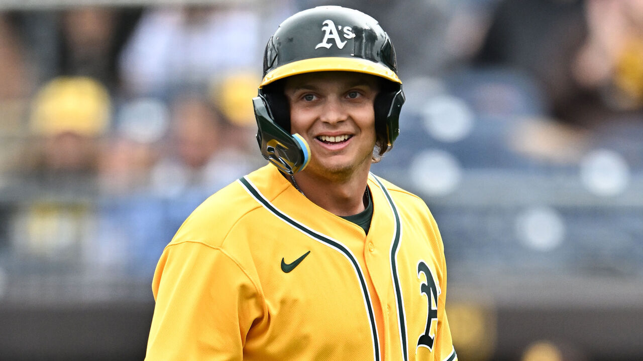 PEORIA, ARIZONA - MARCH 14: Nick Kurtz #28 of the Athletics looks on during the third inning of a spring training Spring Breakout game against the San Diego Padres at Peoria Stadium on March 14, 2025 in Peoria, Arizona.