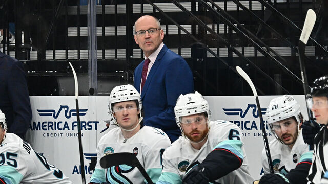 SALT LAKE CITY, UTAH - APRIL 08: Head Coach Dan Bylsma of the Seattle Kraken follows gameplay during the first period of a game against the Utah Hockey Club on April 08, 2025 at Delta Center in Salt Lake City, Utah.