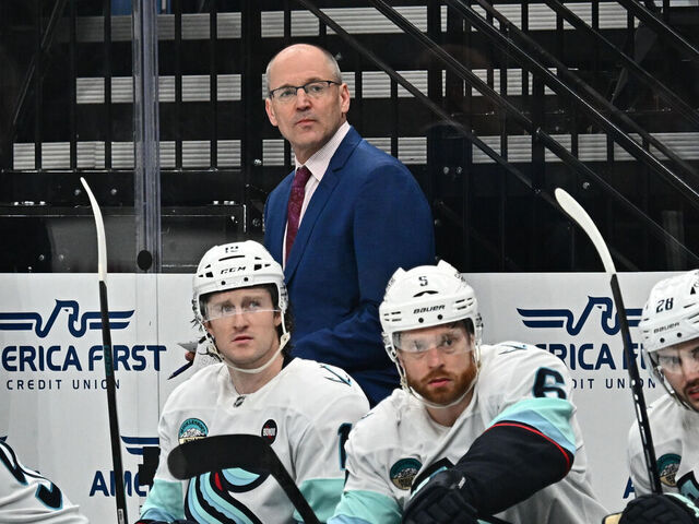 SALT LAKE CITY, UTAH - APRIL 08: Head Coach Dan Bylsma of the Seattle Kraken follows gameplay during the first period of a game against the Utah Hockey Club on April 08, 2025 at Delta Center in Salt Lake City, Utah.