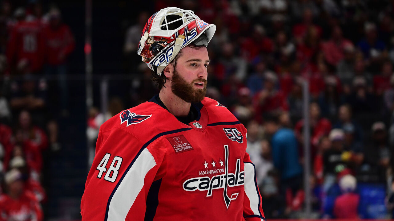 WASHINGTON, DC - MARCH 30: Capitals goalie Logan Thompson (48) rests during a time out during the Buffalo Sabres versus Washington Capitals National Hockey League game on March 30, 2025 at Capital One Arena in Washington, D.C..
