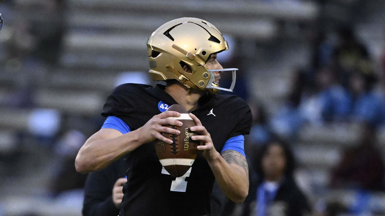 Los Angeles, CA - April 18: Quarterback Joey Aguilar #4 of the UCLA Bruins during UCLA football Friday Night Lights spring practice at Drake Stadium on the campus of UCLA in Los Angeles on Friday, April 18, 2025.