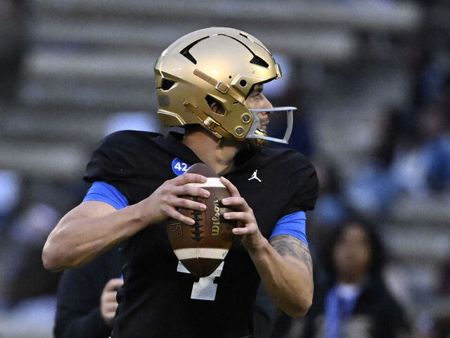 Los Angeles, CA - April 18: Quarterback Joey Aguilar #4 of the UCLA Bruins during UCLA football Friday Night Lights spring practice at Drake Stadium on the campus of UCLA in Los Angeles on Friday, April 18, 2025.