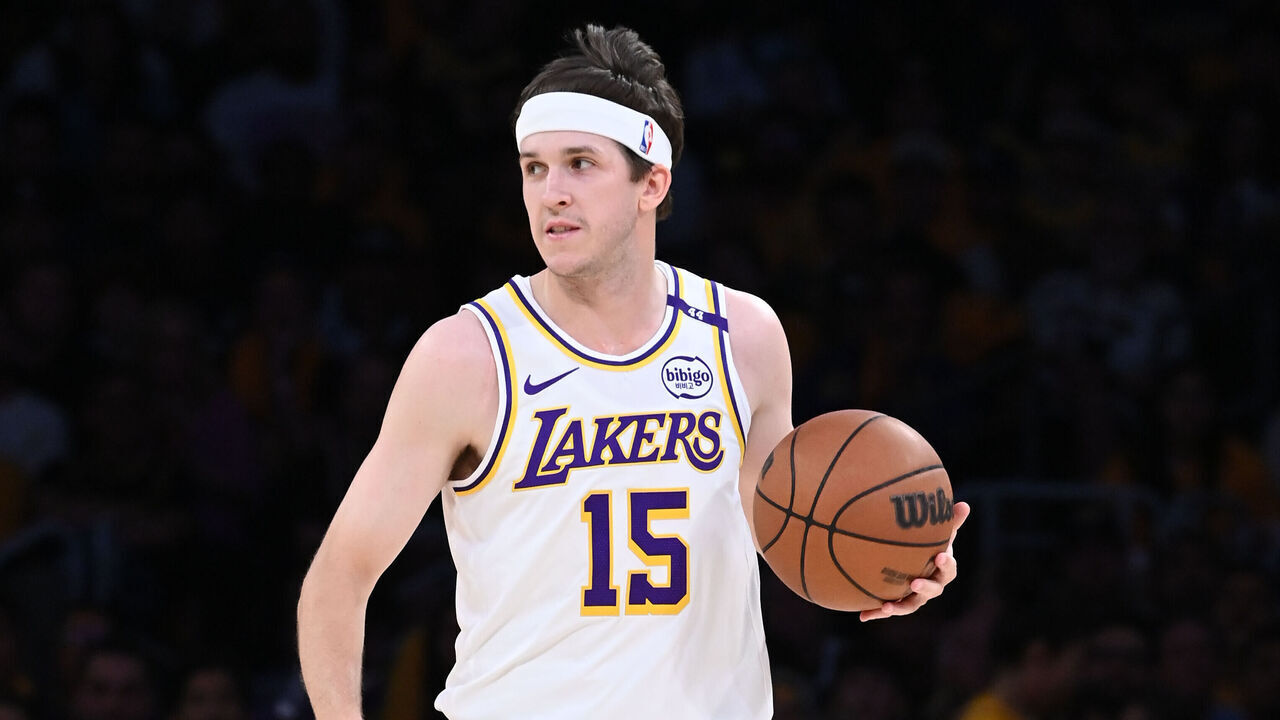 LOS ANGELES, CA - APRIL 19: Austin Reaves #15 of the Los Angeles Lakers dribbles the ball during Round 1, Game 1 of the 2025 NBA Playoffs against the Minnesota Timberwolves on April 19, 2025 at Crypto.Com Arena in Los Angeles, California. NOTE TO USER: User expressly acknowledges and agrees that, by downloading and/or using this Photograph, user is consenting to the terms and conditions of the Getty Images License Agreement. Mandatory Copyright Notice: Copyright 2025 NBAE
