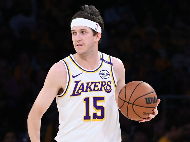LOS ANGELES, CA - APRIL 19: Austin Reaves #15 of the Los Angeles Lakers dribbles the ball during Round 1, Game 1 of the 2025 NBA Playoffs against the Minnesota Timberwolves on April 19, 2025 at Crypto.Com Arena in Los Angeles, California. NOTE TO USER: User expressly acknowledges and agrees that, by downloading and/or using this Photograph, user is consenting to the terms and conditions of the Getty Images License Agreement. Mandatory Copyright Notice: Copyright 2025 NBAE