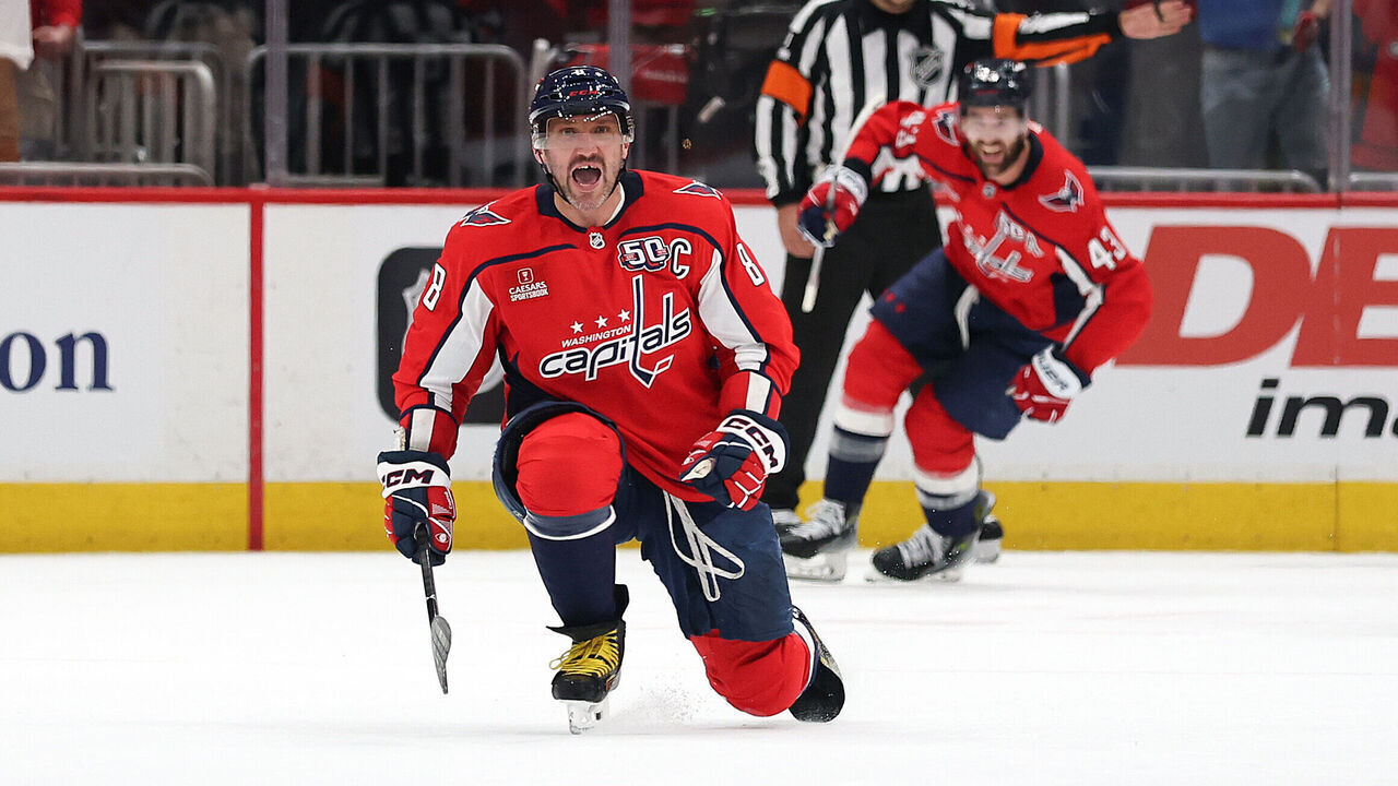 WASHINGTON, DC - APRIL 21: Alex Ovechkin #8 of the Washington Capitals celebrates after scoring a goal against the Montreal Canadiens during the first period in Game One of the First Round of the 2025 Stanley Cup Playoffs at Capital One Arena on April 21, 2025 in Washington, DC.