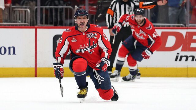 WASHINGTON, DC - APRIL 21: Alex Ovechkin #8 of the Washington Capitals celebrates after scoring a goal against the Montreal Canadiens during the first period in Game One of the First Round of the 2025 Stanley Cup Playoffs at Capital One Arena on April 21, 2025 in Washington, DC.
