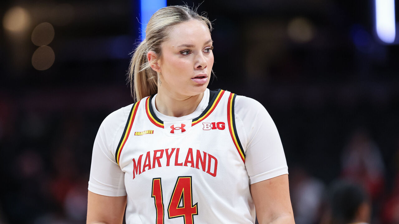 INDIANAPOLIS, INDIANA - MARCH 7: Allie Kubek #14 of the Maryland Terrapins looks on during the game against the Michigan Wolverines in the Big Ten Women's Basketball Tournament quarterfinals at Gainbridge Fieldhouse on March 7, 2025 in Indianapolis, Indiana.